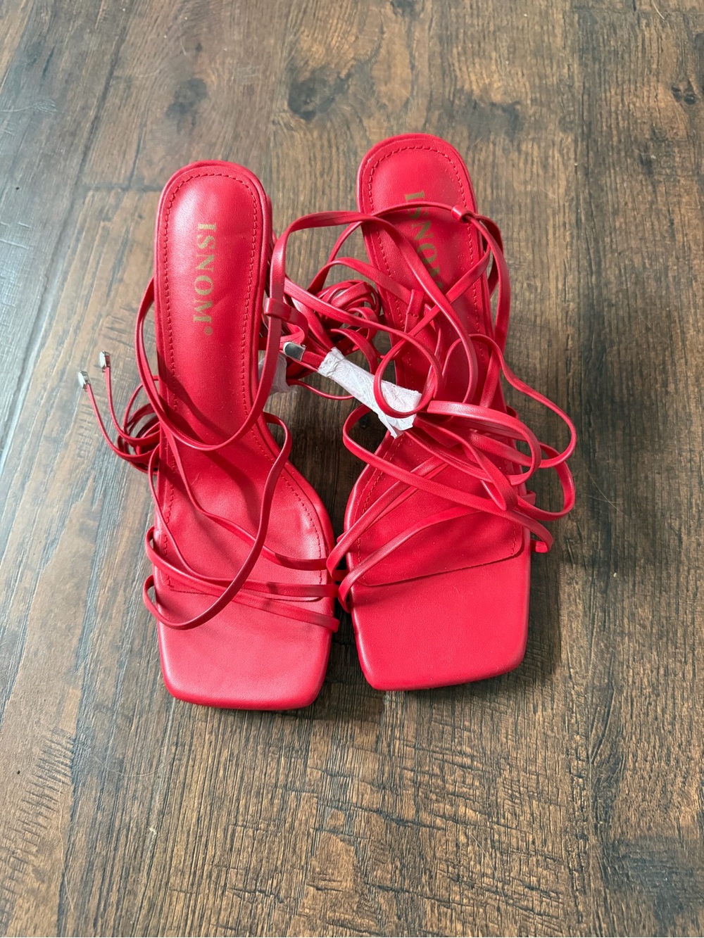 Red Lace-Up Square-Toe Heeled Sandals